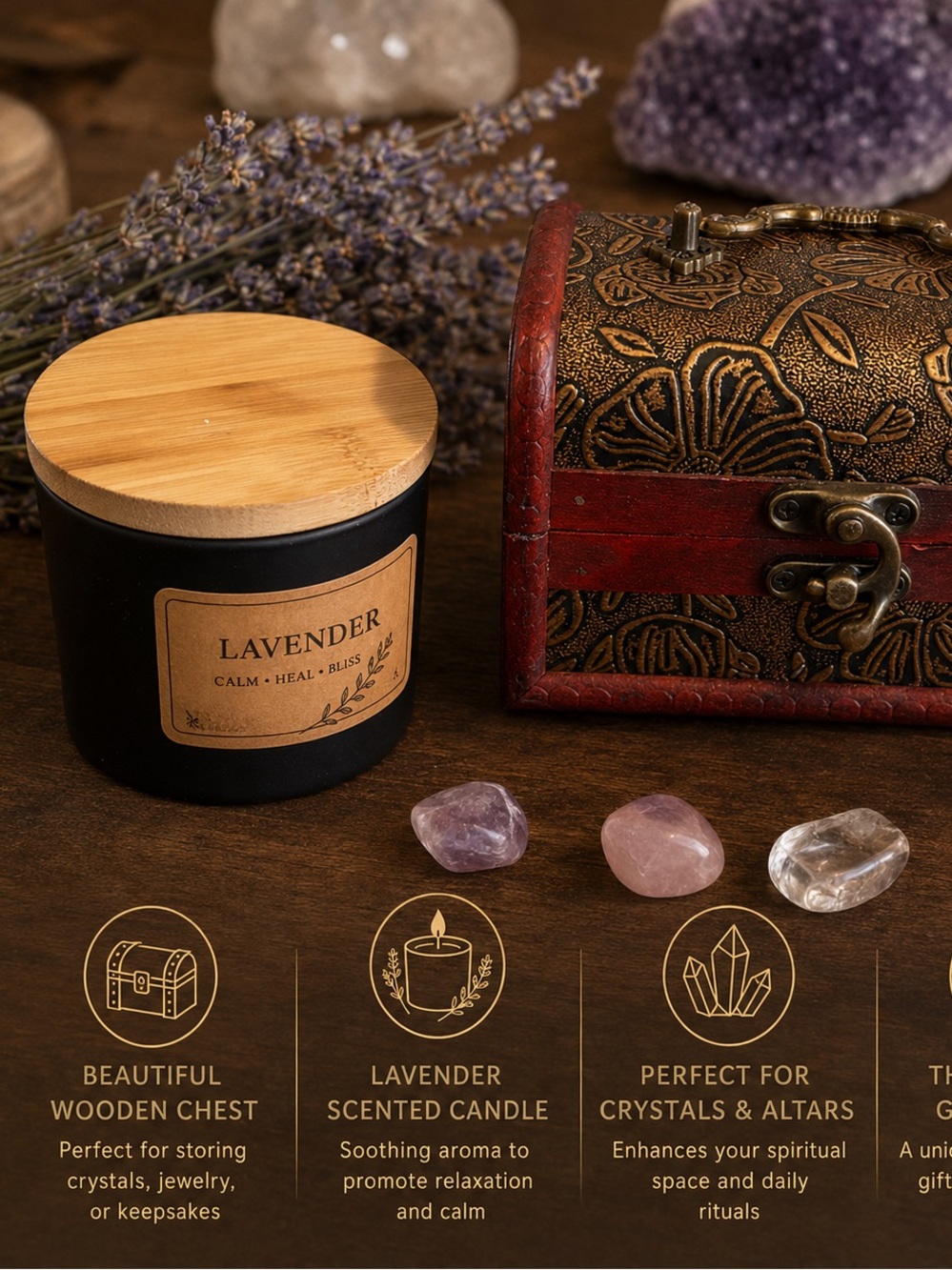 Enchanted Wooden Chest + Lavender Candle Bundle | Crystal Storage | Altar Decor